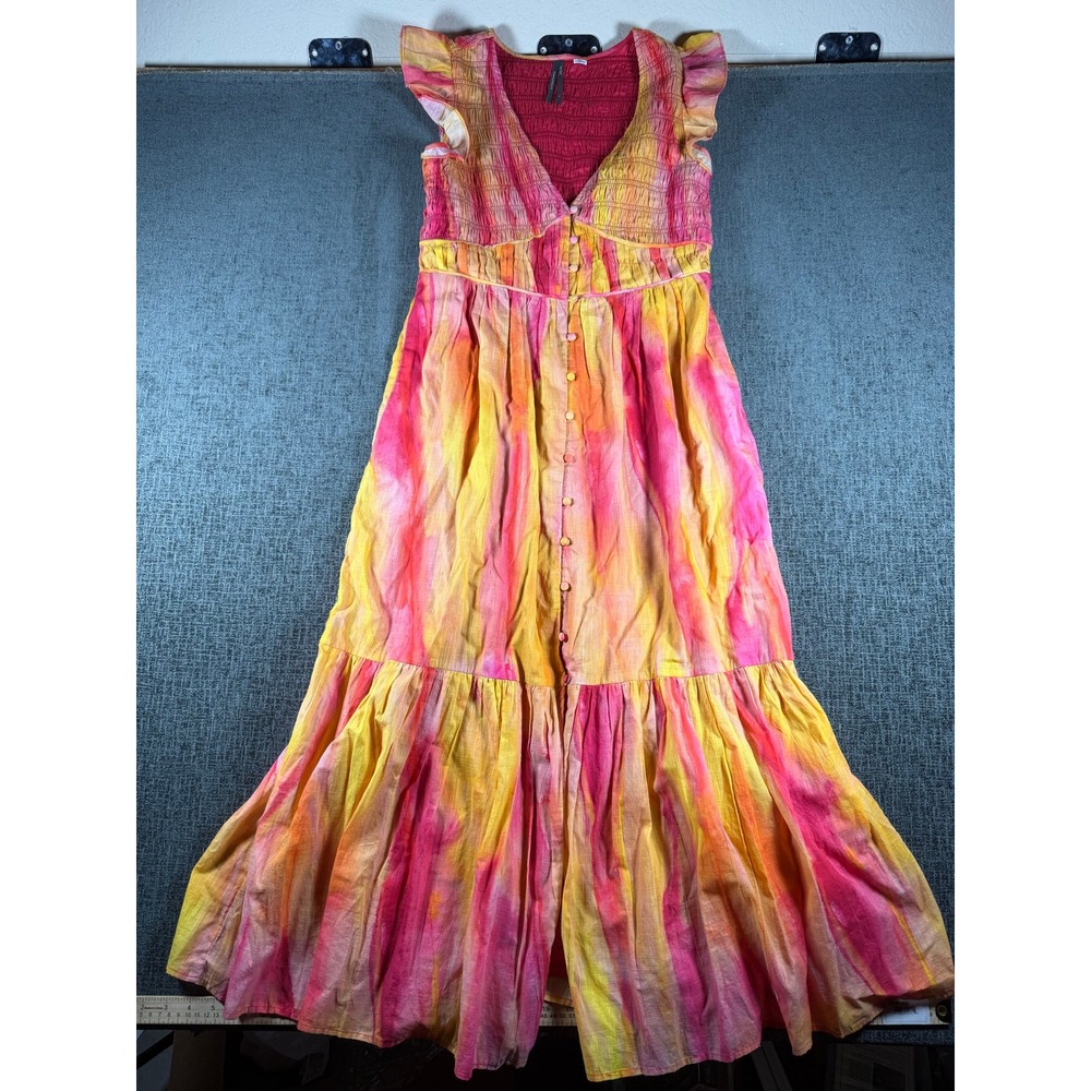 Anthropologie Tie Dye Smocked Maxi Dress Pink Yellow Cotton Boho Button Front S